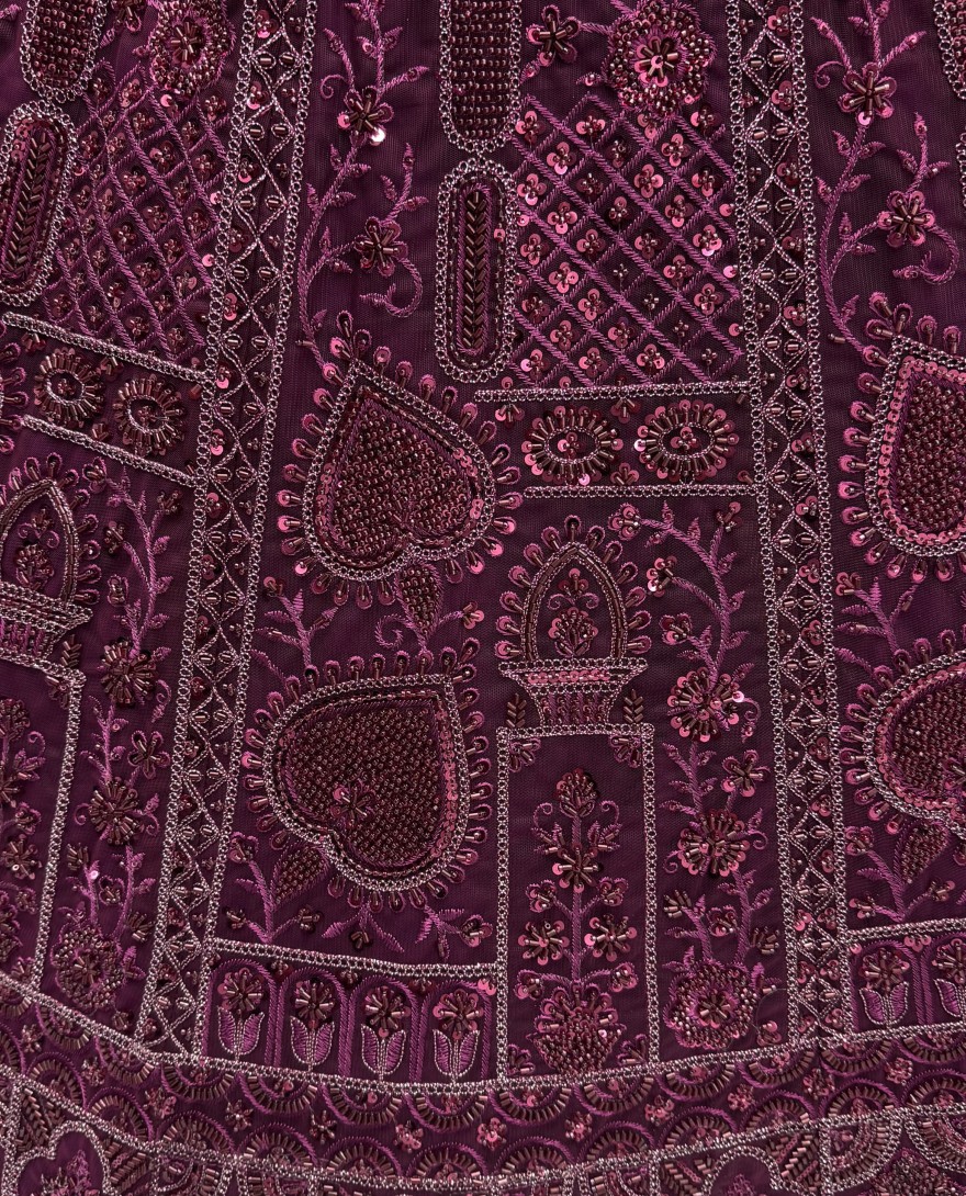 2877-maroon - Sober Handwork Maroon Motif and Crystal Pipe work Designed Reception Wear Collection in Lehenga Choli